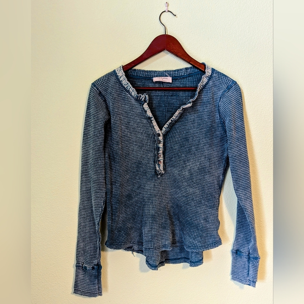 Zenana Washed Sky Blue Baby Waffle Henley Neckline Long Sleeve Top